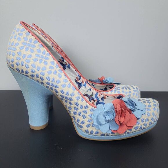Floral Patterned Blue and Pink Women's Heels - Picture 2 of 9